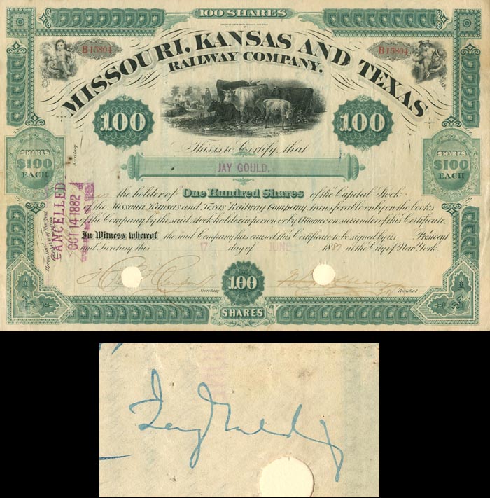 Missouri, Kansas and Texas Railway Co. - Issued to and Signed by Jay Gould dated 1887 - "The Katy"
